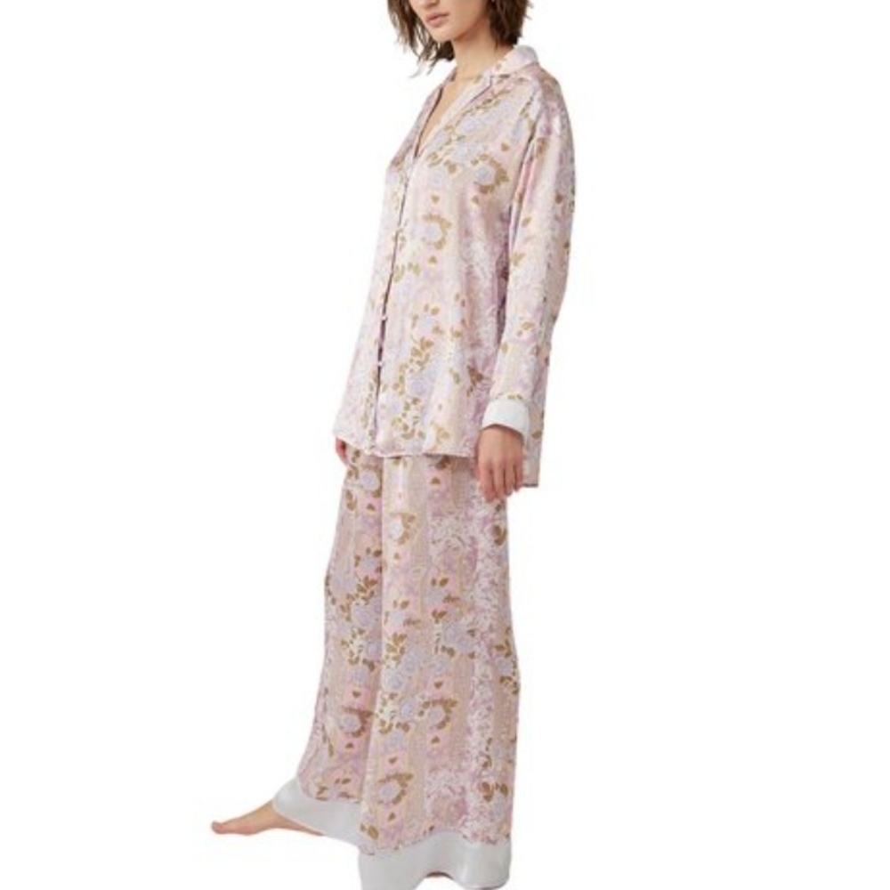 Free People Pale Pink Floral Satin Pajama Set